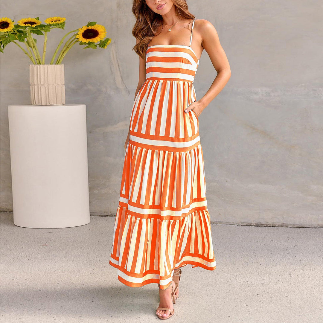 Damen Langes Kleid Mit Spaghettiträgern Und Streifenmuster