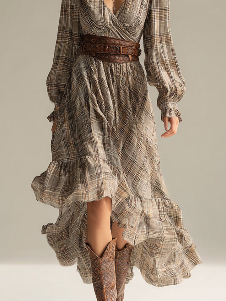 Boho-Midikleid aus Chiffon mit Karomuster und Rüschen