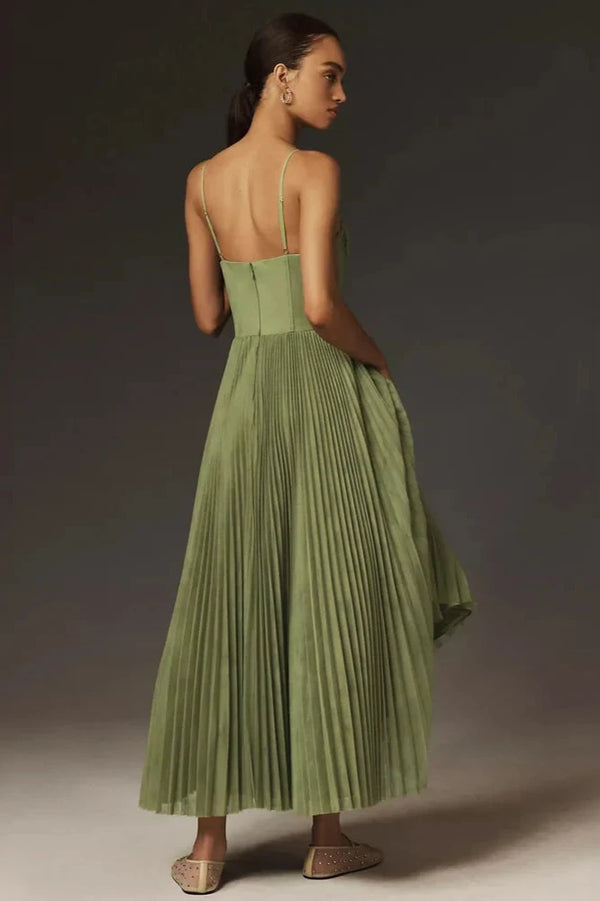 Damen Plissiertes Korsett Midi Kleid – Elegantes Ärmelloses Abend Dinnerkleid