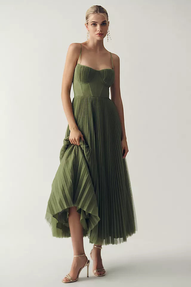Damen Plissiertes Korsett Midi Kleid – Elegantes Ärmelloses Abend Dinnerkleid