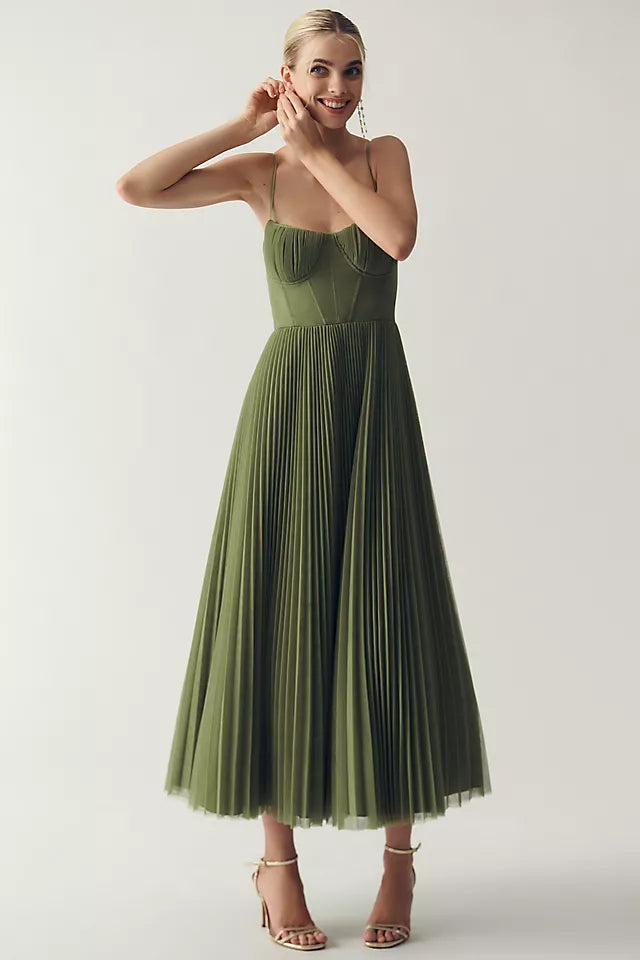 Damen Plissiertes Korsett Midi Kleid – Elegantes Ärmelloses Abend Dinnerkleid