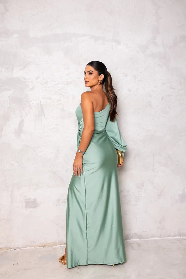 Damen Ein Schulter Langarm Wickelkleid