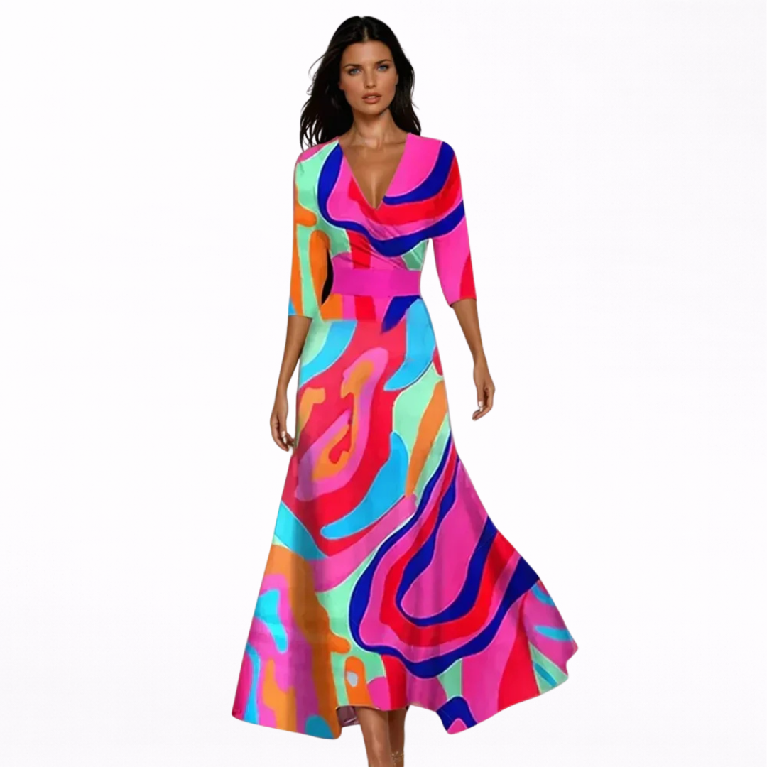 Damen V-Ausschnitt Langarm Blumen Maxi Kleid - Wickel Eleganter Stil