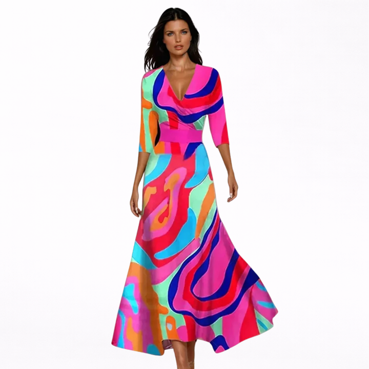 Damen V-Ausschnitt Langarm Blumen Maxi Kleid - Wickel Eleganter Stil