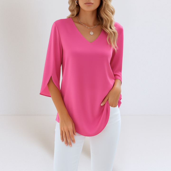 Damen Leichte Bluse Mit V Ausschnitt Und Langarm