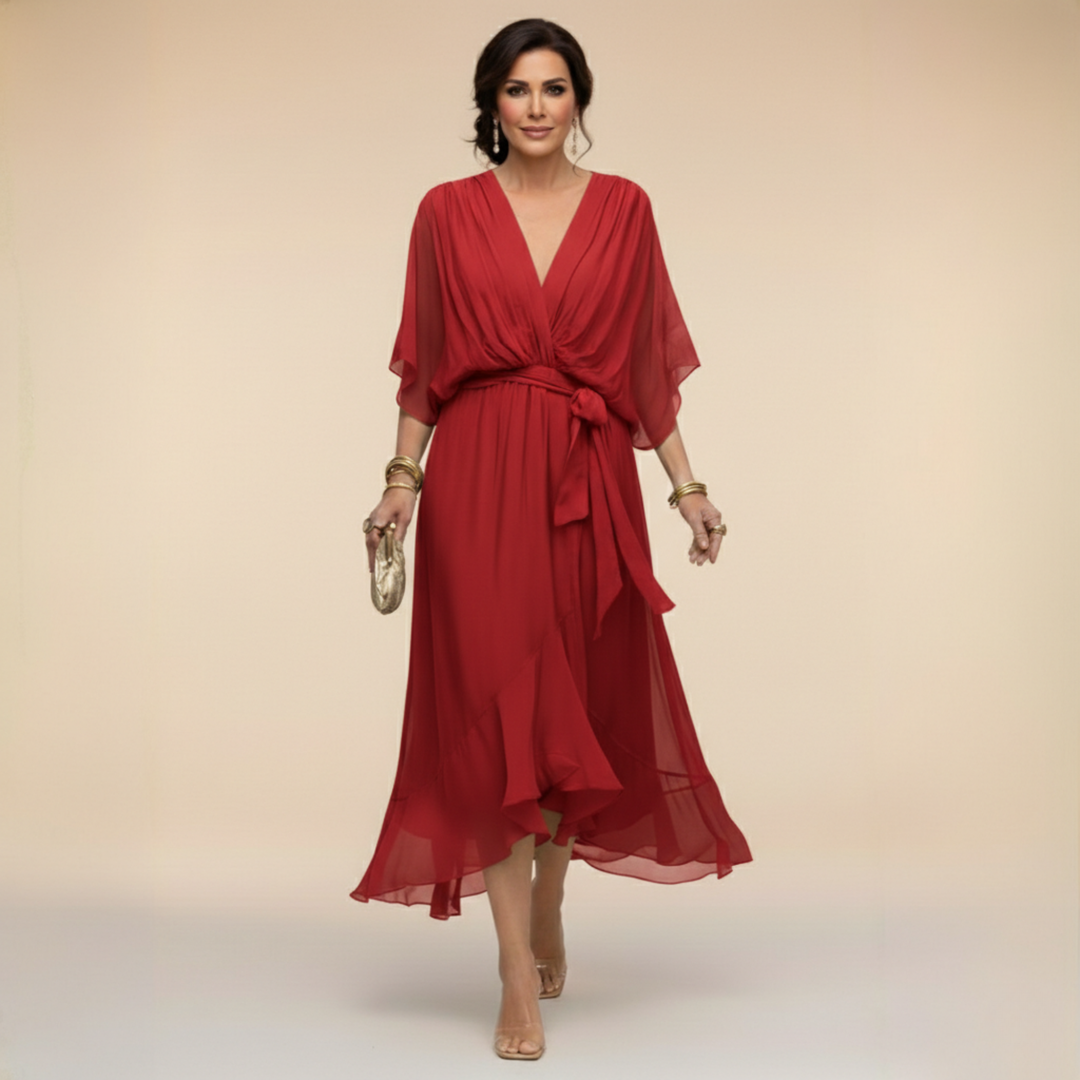 Elegantes, ausgestelltes Chiffon-Midikleid mit V-Ausschnitt und Gürtel für Damen – Perfektes Kleid für Hochzeitsgäste