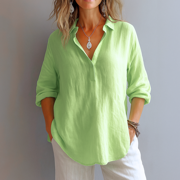 Damen V-Ausschnitt Langarm Leinen Bluse