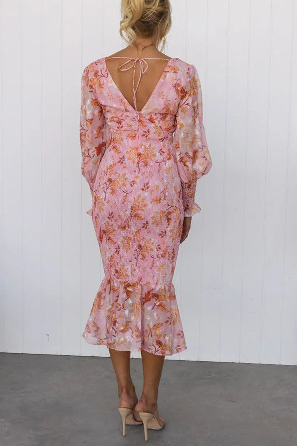 Damen Chiffon Blumen Langarm Kleid