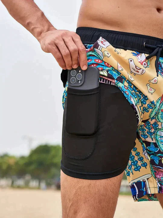 Herren Schnelltrocknende Badehose Mit Kompressions-Innenshorts – Sportliche Strandshorts