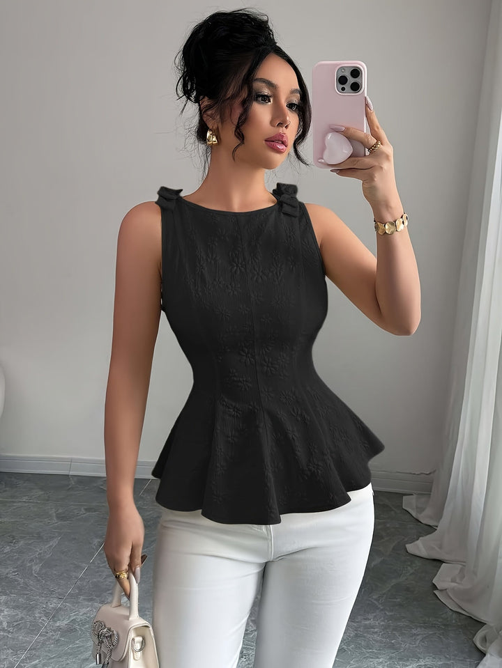 Ärmelloses, ausgestelltes Damen-Top mit Rundhalsausschnitt – Bluse mit floraler Schleife