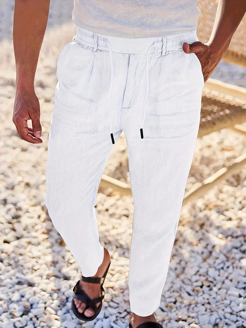 Herren Weit Geschnittene Leinenhose – Freizeit Sommerhose Mit Kordelzug