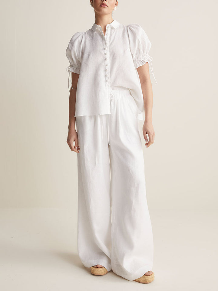 Damen Bluse Mit Puffärmeln Und Kordelzug Kurzarm Mit Knöpfen – Elegantes Top