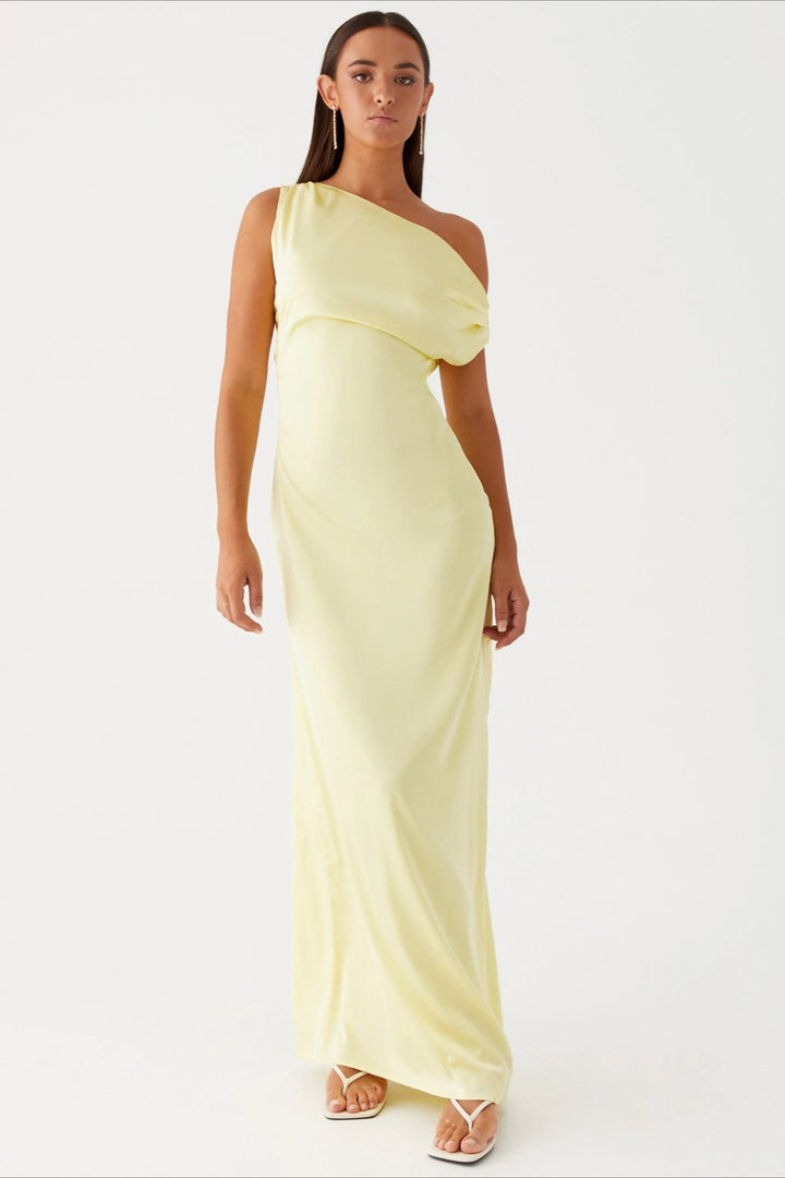 Damen Einfarbiges Maxikleid Mit Asymmetrischem Ausschnitt – Abendkleid