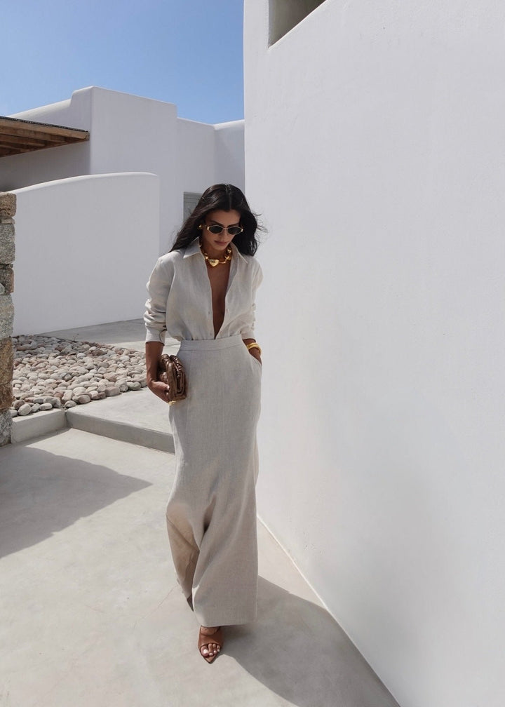 Damen Leinen Hemd Und Maxi Rock Set – Elegantes Sommer Outfit
