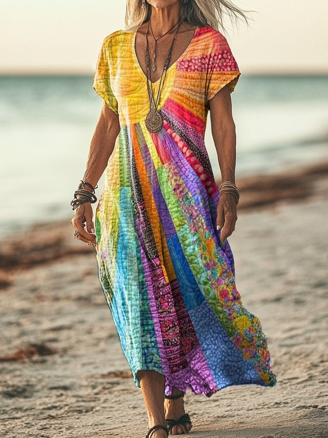 Damen Langarm V-Ausschnitt Boho Kleid – Bunt Lockeres Sommerkleid