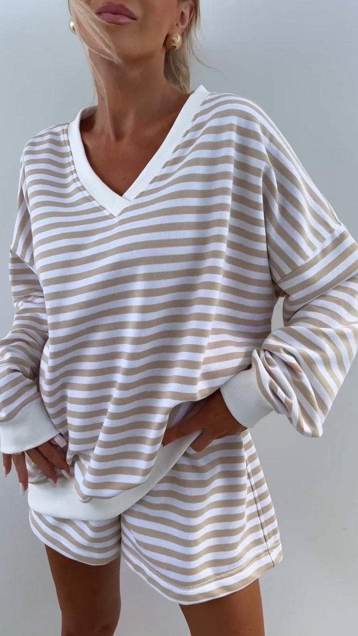 Damen V-Ausschnitt Gestreiftes Langarm Zweiteiler Set – Lässiges Outfit