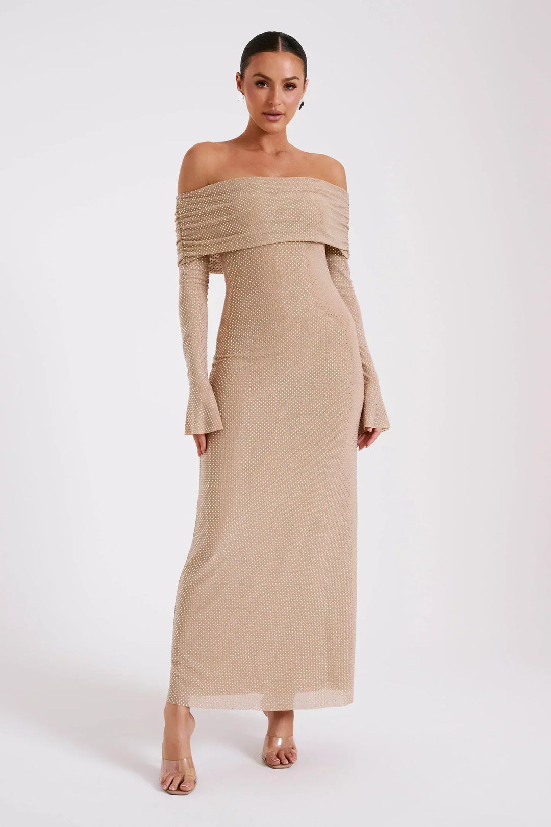 Damen Pailletten Schulterfreies Langes Kleid