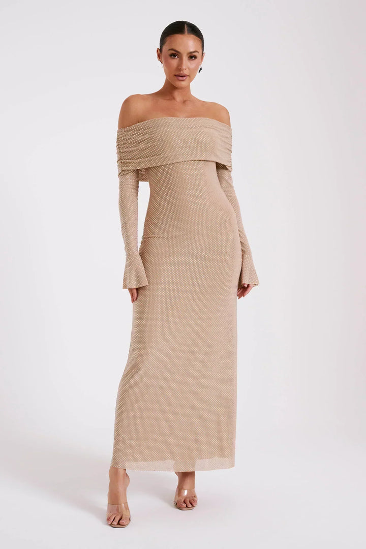 Damen Pailletten Schulterfreies Langes Kleid