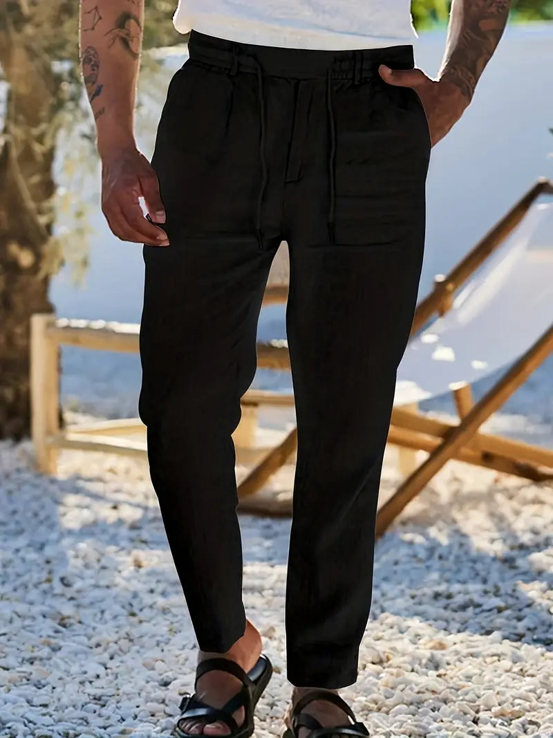 Herren Weit Geschnittene Leinenhose – Freizeit Sommerhose Mit Kordelzug