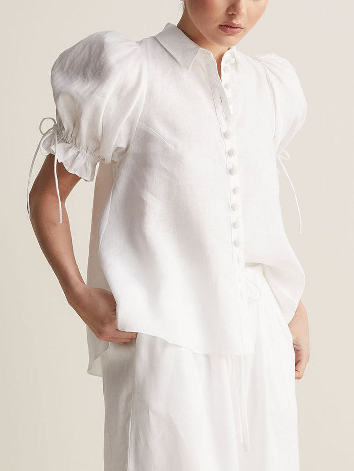 Damen Bluse Mit Puffärmeln Und Kordelzug Kurzarm Mit Knöpfen – Elegantes Top