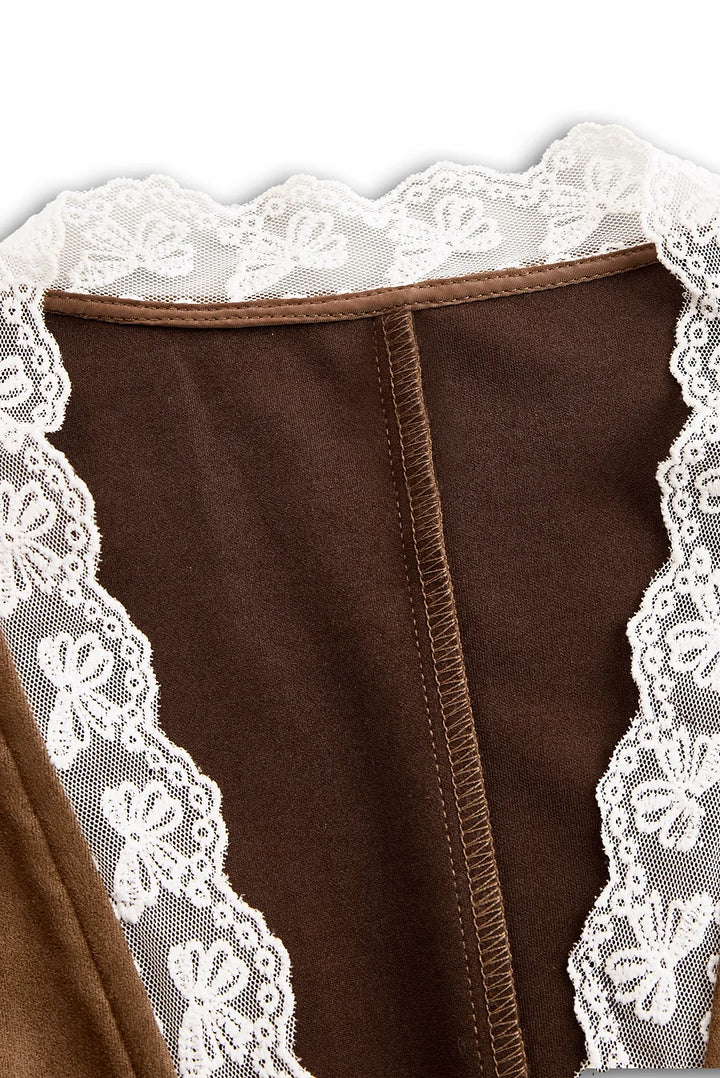 Damen-Westernbluse aus Wildleder mit Spitzenärmeln – Braune Cowgirl-Bluse