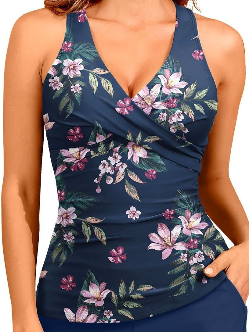 Damen V Ausschnitt Badeanzug Set - Marineblau Geblümt