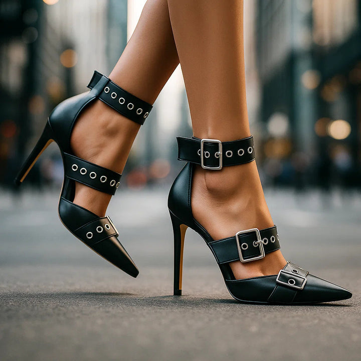 Damen Gothic-Stil Nieten Schnallen High Heels – Auffällige Stiletto Schuhe