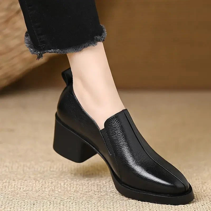 Damen Spitze Leder Loafer Mit Blockabsatz – Freizeit Schuhe
