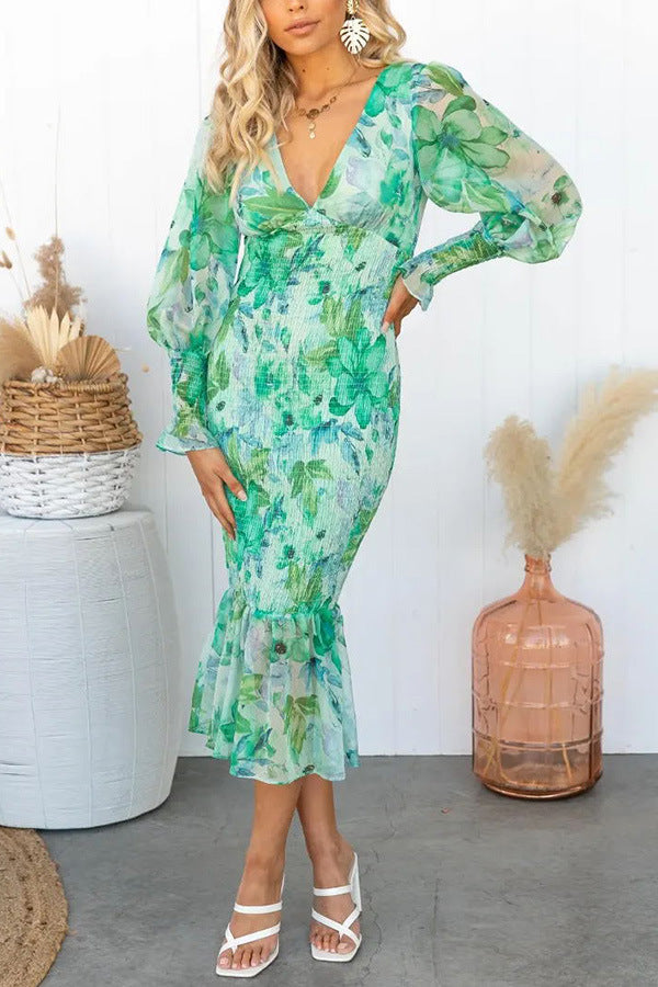 Damen Chiffon Blumen Langarm Kleid