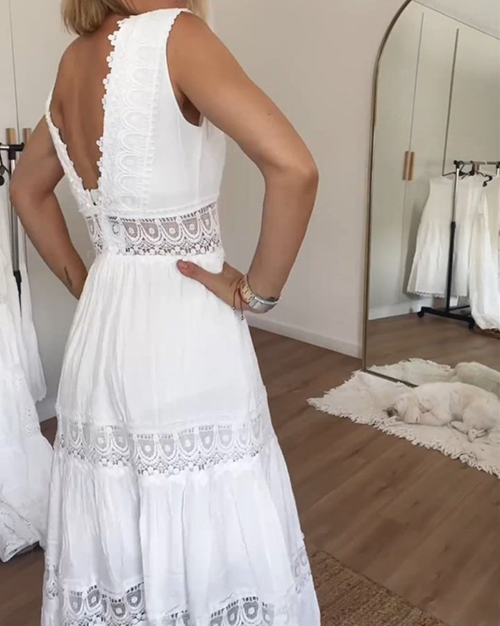 Damen V Ausschnitt Spitzenkleid