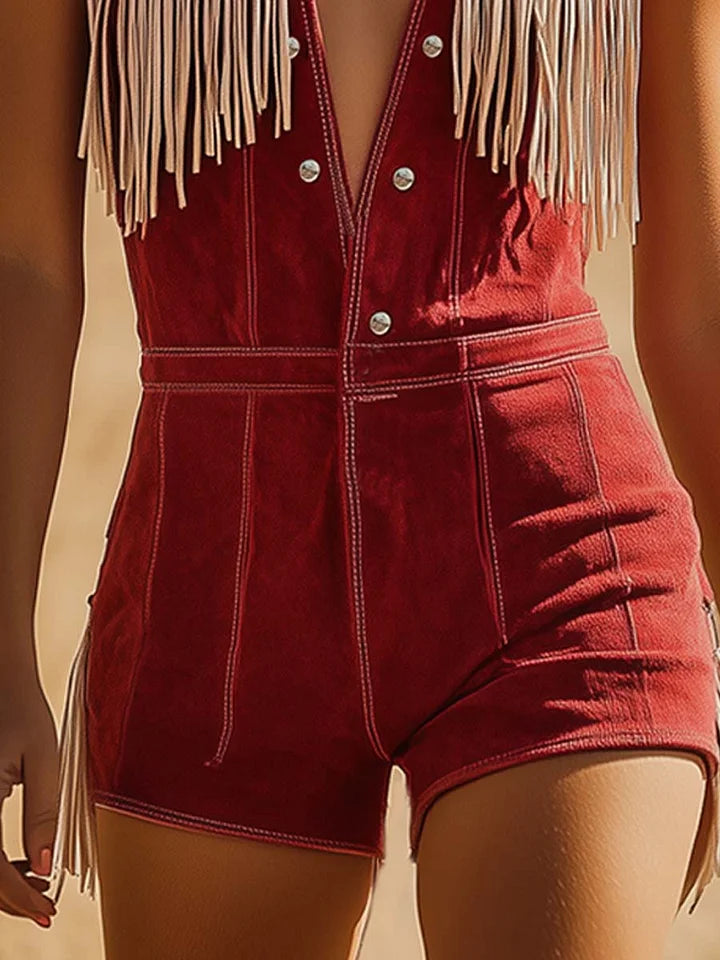 Western-Jumpsuit für Damen aus rotem Wildleder mit Quasten – Cowboy-Fransen-Knopf-Overall