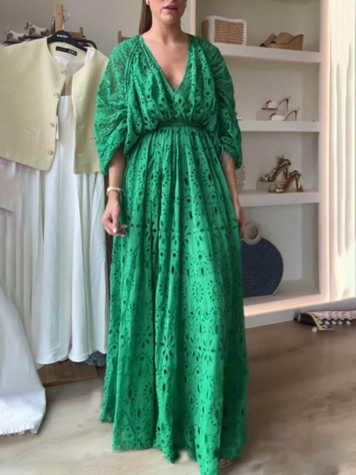 Damen V-Ausschnitt Oversize Maxi Spitzenkleid Mit Geraffter Taille – Elegantes Fließendes Kleid