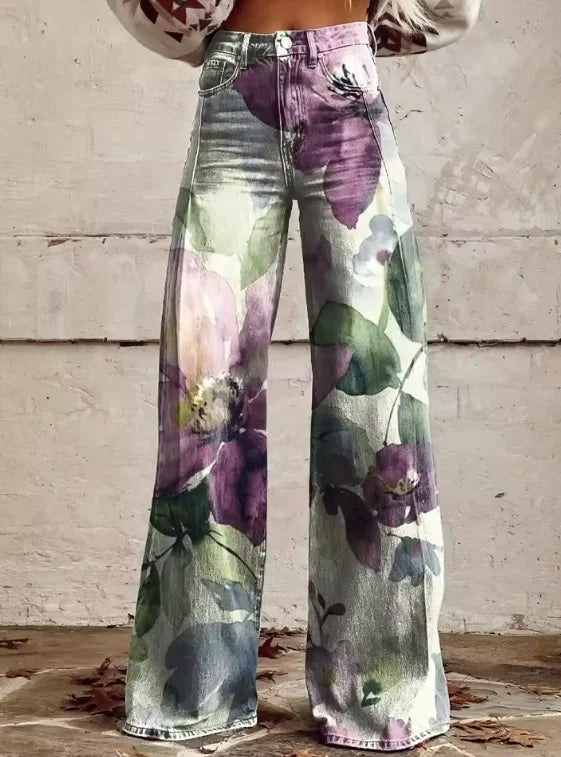 Damen-Jeans mit weitem Bein und Print – Schlaghose aus Denim mit Statement-Charakter.