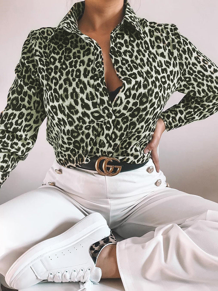 Damen Leopardenmuster Bluse – Langarm Knopfleiste Stilvolles Top