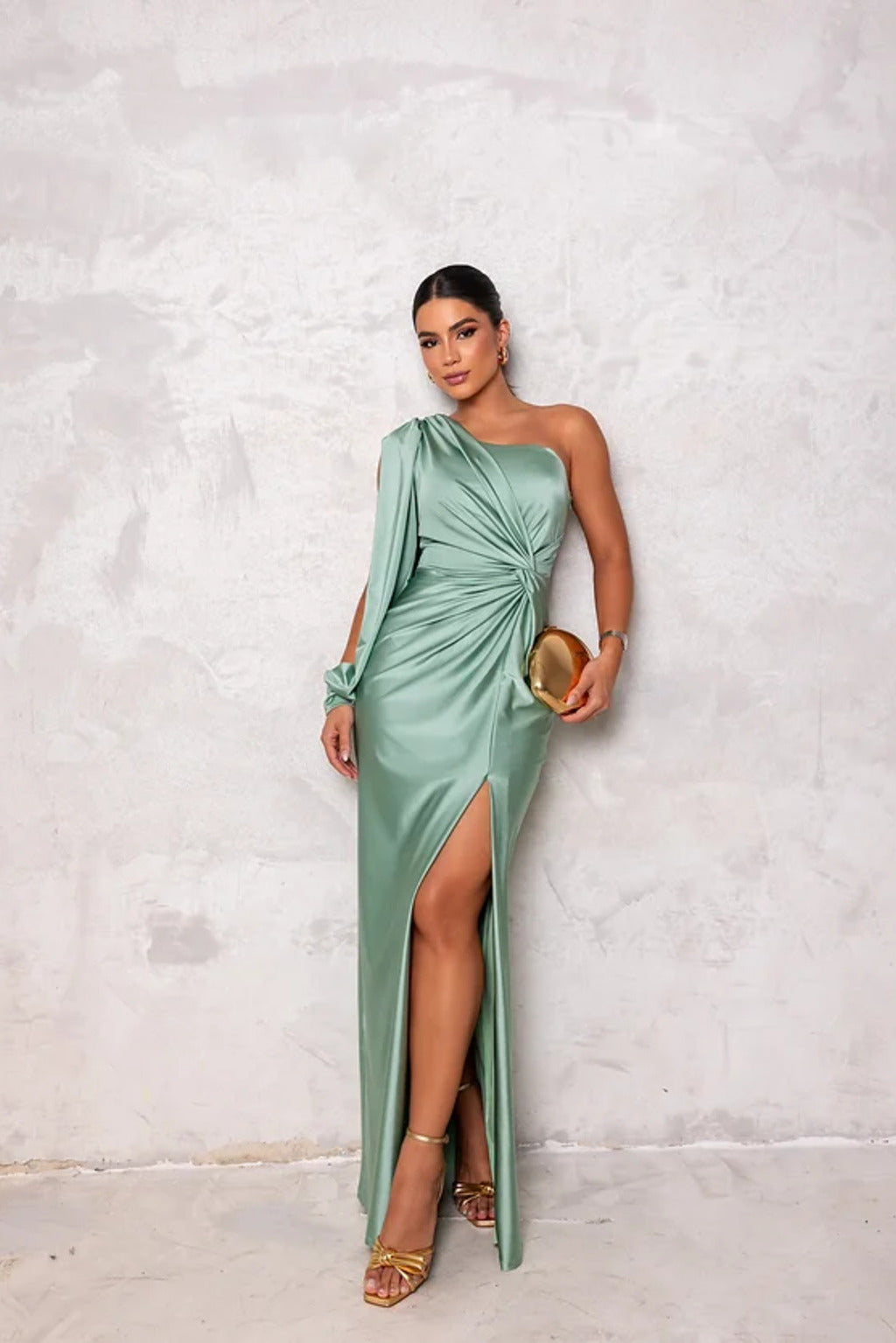Damen Ein Schulter Langarm Wickelkleid