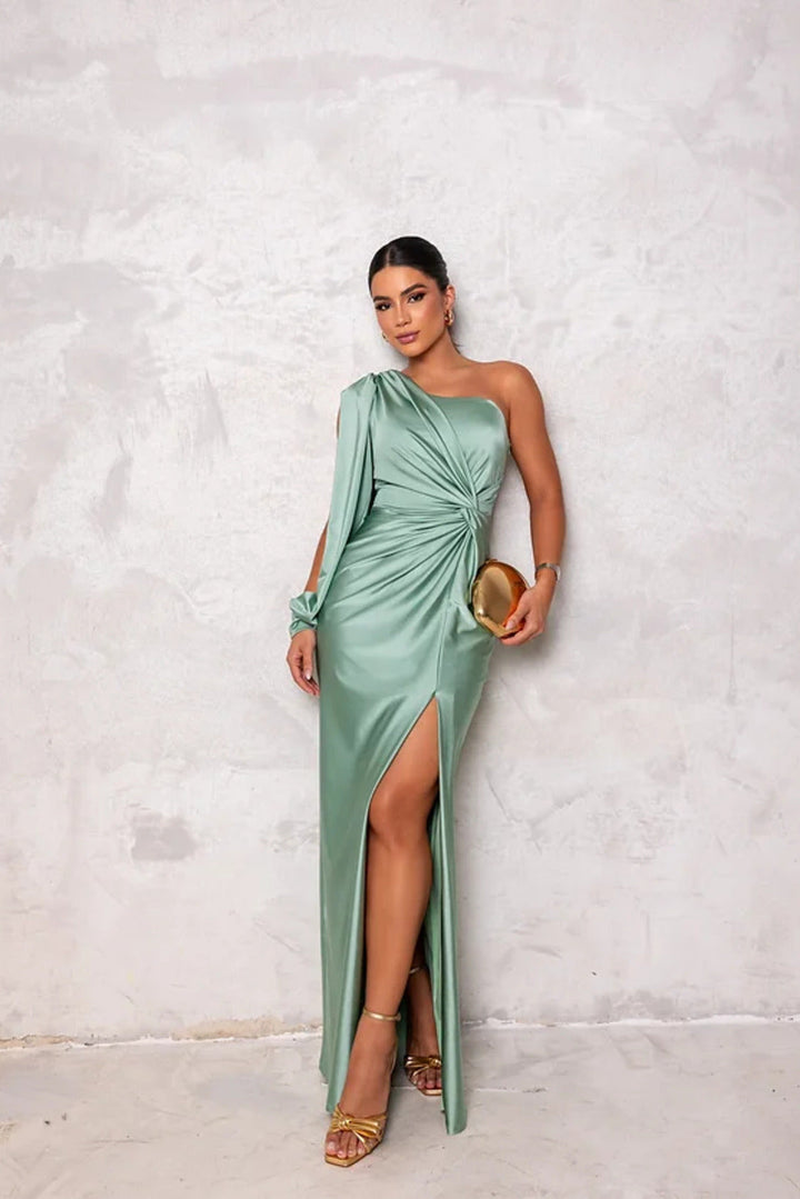 Damen Ein Schulter Langarm Wickelkleid