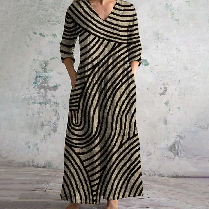 Damen Maxikleid Mit V Ausschnitt Und Streifen