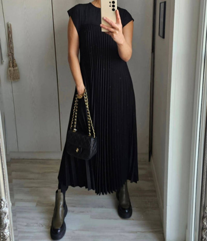 Damen Kurzarm Plissiertes Maxikleid