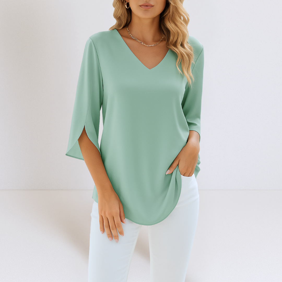 Damen Leichte Bluse Mit V Ausschnitt Und Langarm