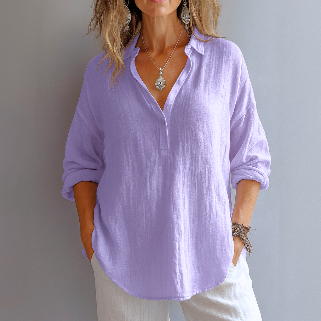 Damen V-Ausschnitt Langarm Leinen Bluse