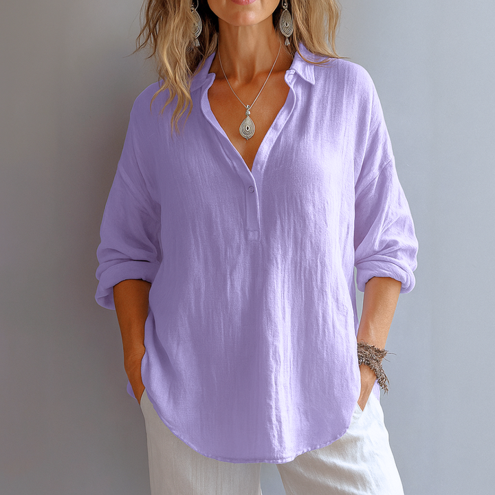 Damen V-Ausschnitt Langarm Leinen Bluse