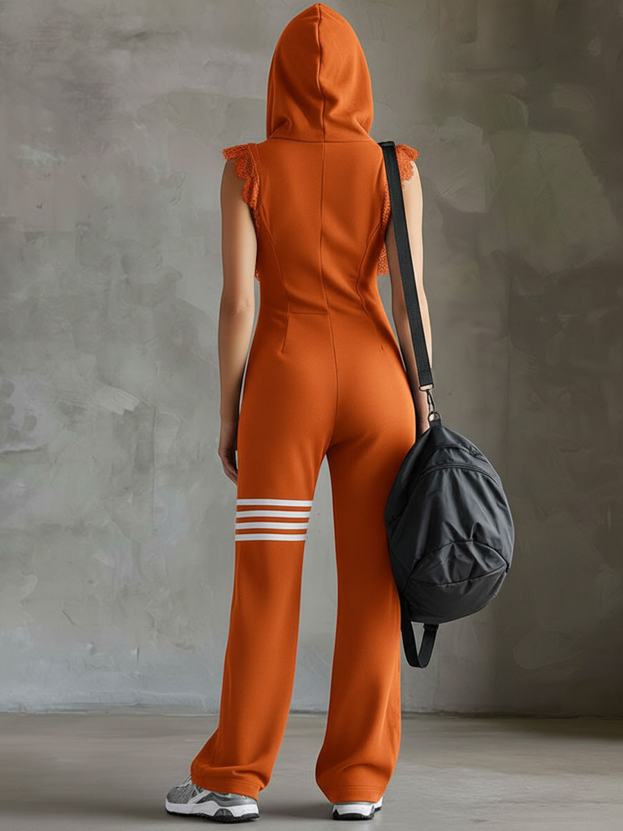 Damen Ärmelloser Langer Jumpsuit - Hoodie Gestreiftes Casual Outfit