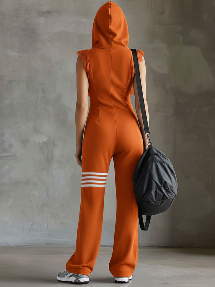 Damen Ärmelloser Langer Jumpsuit - Hoodie Gestreiftes Casual Outfit