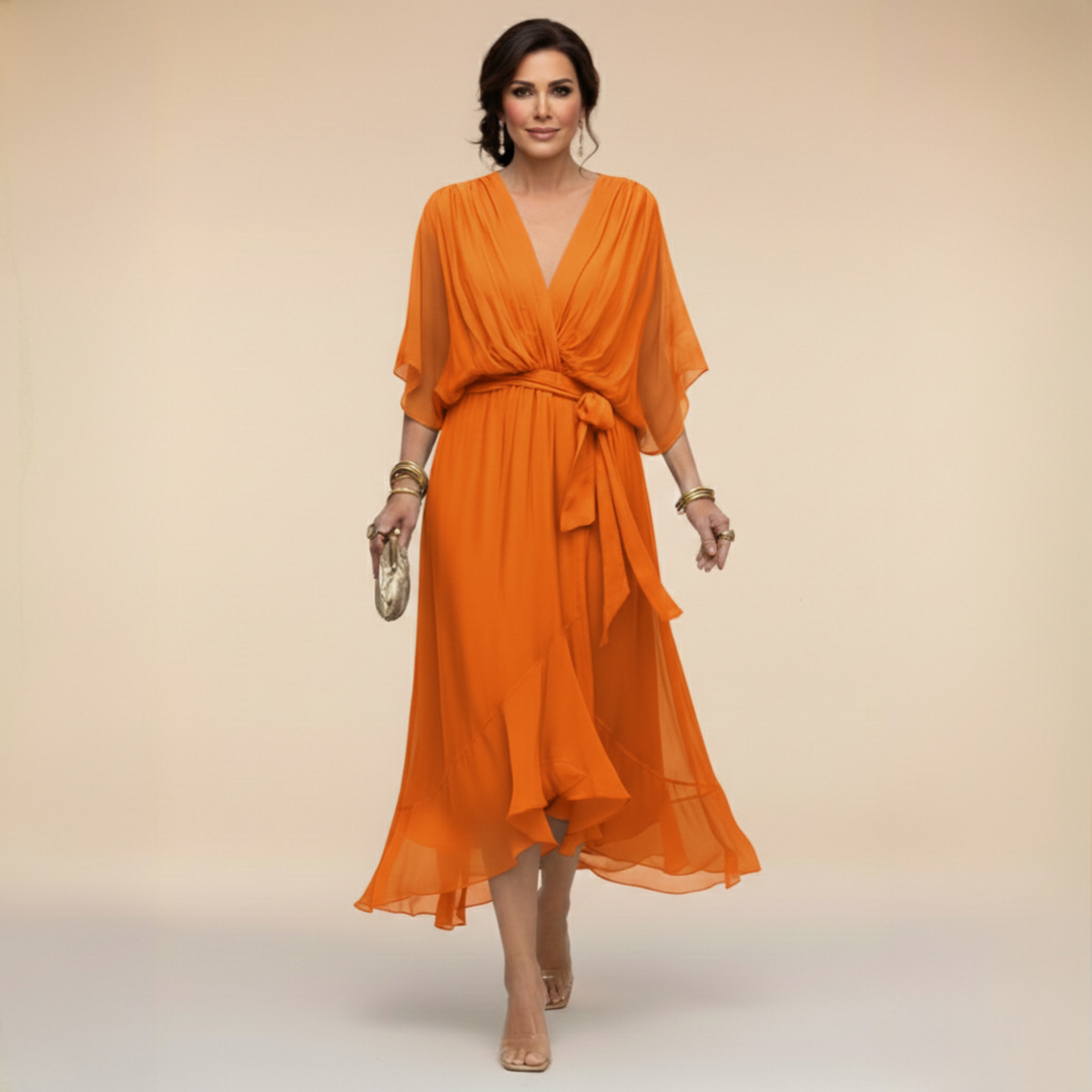 Elegantes, ausgestelltes Chiffon-Midikleid mit V-Ausschnitt und Gürtel für Damen – Perfektes Kleid für Hochzeitsgäste