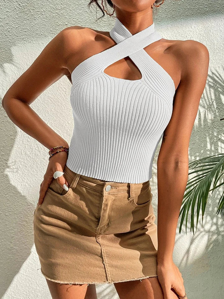 Ärmelloses, dehnbares Stricktop für Damen mit herzförmigem, überkreuztem Ausschnitt