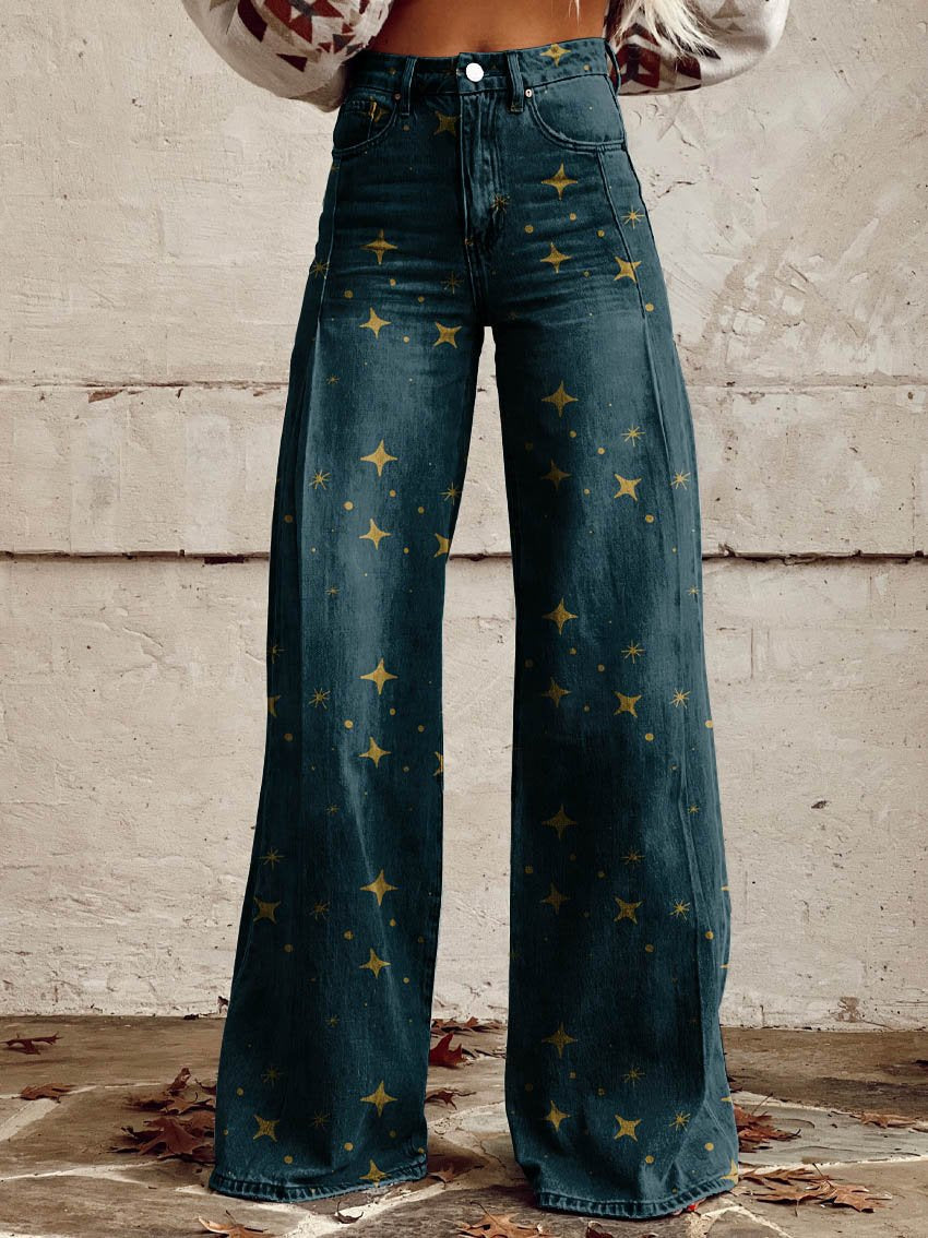 Elegante Damenhose aus bedrucktem Denim mit goldenen Sternen