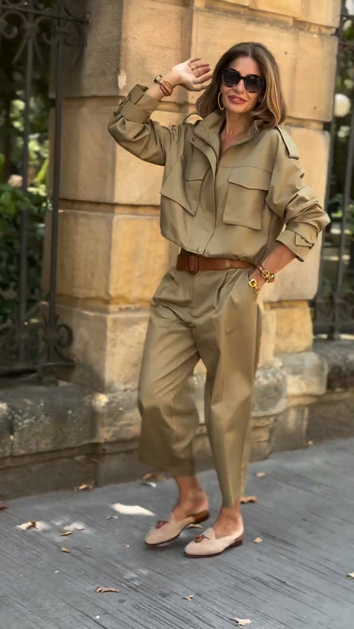 Damen Khaki Safari Zweiteiler Set – Lässiges Utility Outfit