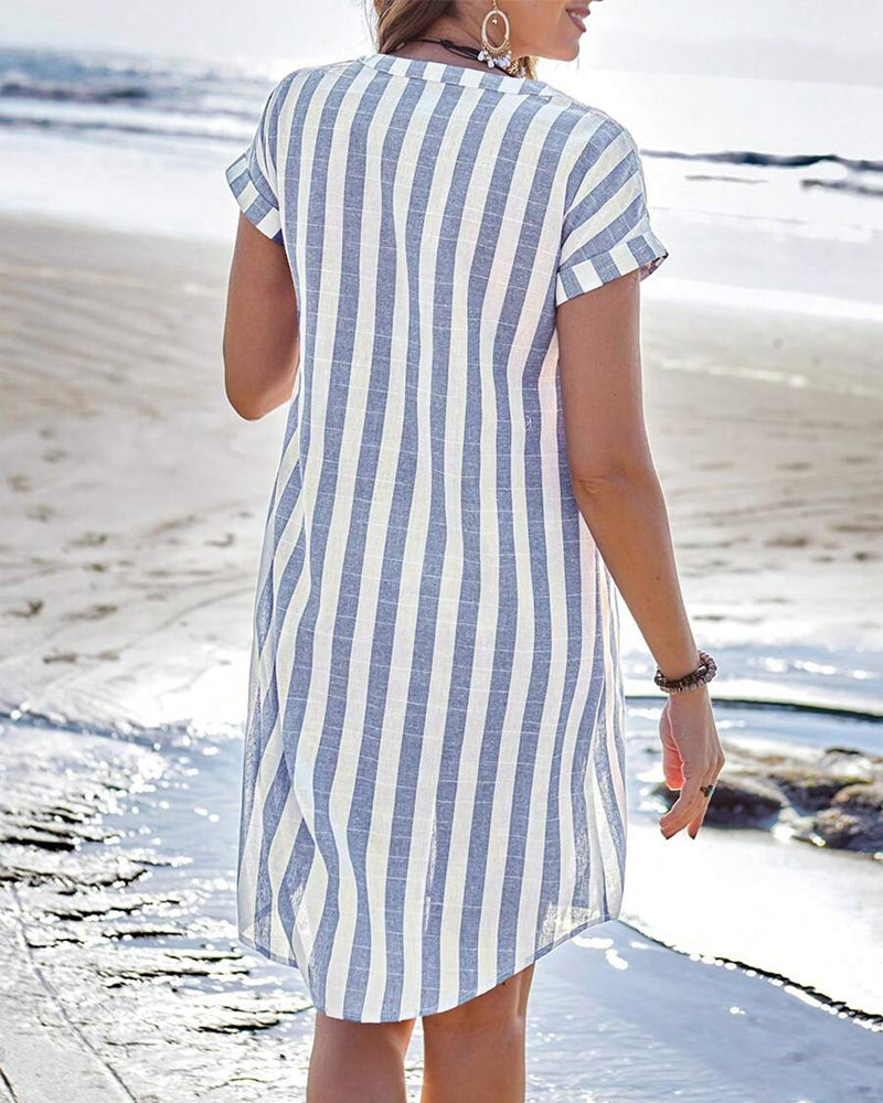 Damen Gestreiftes Kurzarm Hemdkleid