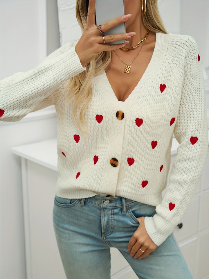 Damen-Strickjacke mit V-Ausschnitt und Herzmuster – Pullover mit Knopfleiste