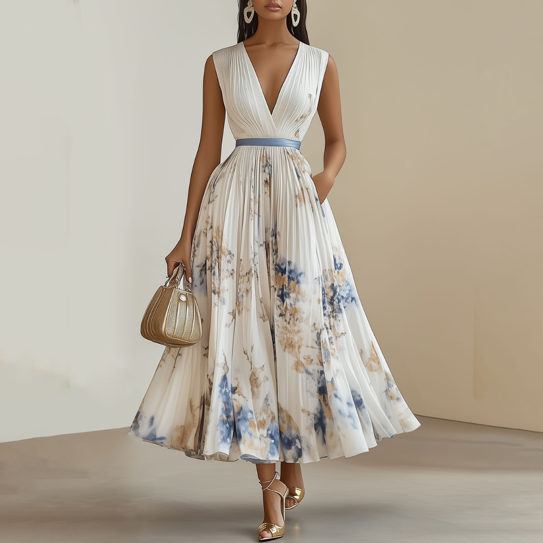 Damen Ärmelloses Plissiertes Blumenkleid - Elegantes Midi Kleid Für Anlässe
